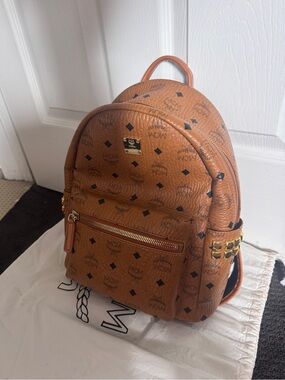 MCM Cognac Logo Visetos Backpack with Gold Hardware